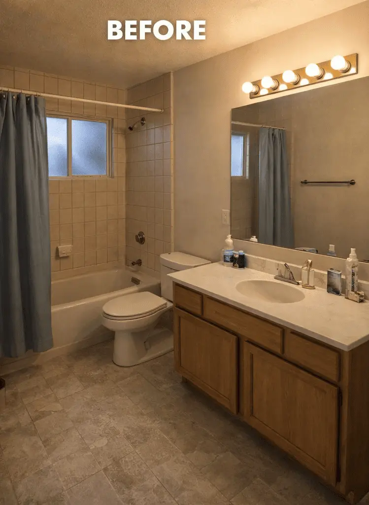 Bathroom remodeling Project Boca Raton Before Before bathroom remodeling project Boca Raton showing outdated beige tile tub surround, old wood vanity, worn floor tiles, and dated strip lighting