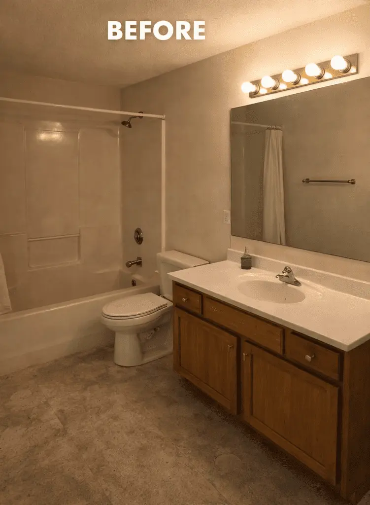 Before Bathroom Remodeling Project Before bathroom remodeling project in Boca Raton showing outdated wood vanity, old bathtub, worn flooring, and dated Hollywood strip lighting