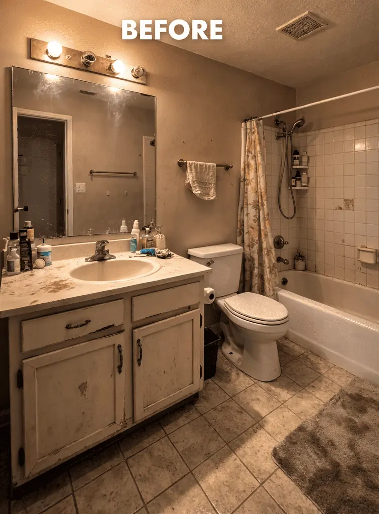 Recent Before Bathroom Renovation Project Boca Raton Recent before bathroom renovation project Boca Raton showing severely worn vanity, damaged cabinets, old tile tub surround, and deteriorated flooring