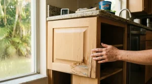 Florida homeowner inspecting warped and moisture-damaged wood kitchen cabinet door caused by high humidity, with condensation on window and DampRid moisture absorber visible