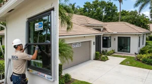 Boca Raton contractor installing Miami-Dade approved impact-resistant windows on a hurricane-rated 100 MPH stucco home with tile roof and tropical landscaping