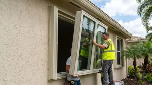 Boca Raton contractors installing impact-resistant windows on a stucco home with accordion hurricane shutter tracks already in place for storm protection