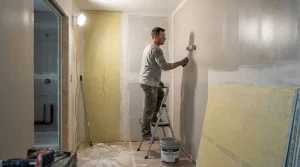Best mold resistant bathroom materials in South Florida — contractor applying primer over moisture-resistant drywall during bathroom renovation