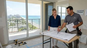 How to remodel a Boca Raton condo without HOA violations — homeowner and contractor reviewing renovation blueprints inside an oceanview condo under construction
